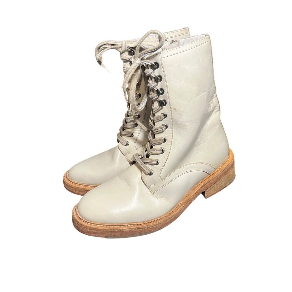 Vintage Foundry Co Morgan Boots Womens 10 Cream Leather Lace Up Side Zip VFL 134
